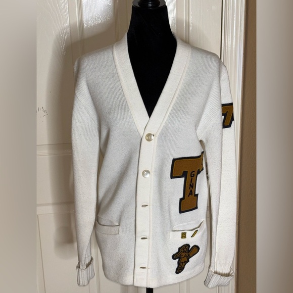 bristol products Sweaters - 1960s Vtg High School Kitted White Gold Gina T Letterman Medium Cardigan​